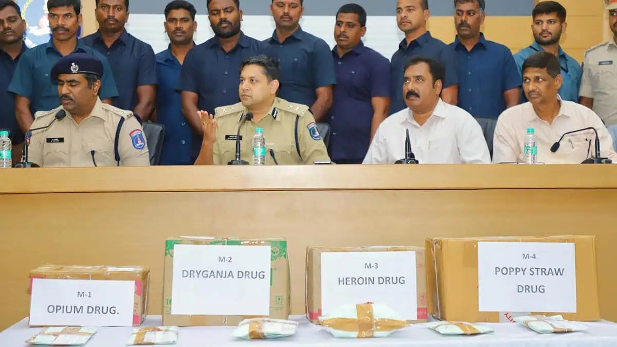 Image of Cyberabad Police along with other officials during a press conference on May 30, following the arrest of a drug peddler and the seizure of narcotics worth Rs 3 crore.