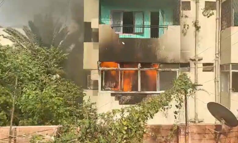 Image of fire erupting in a residential building in Hyderabad on May 30 following an AC compressor blast