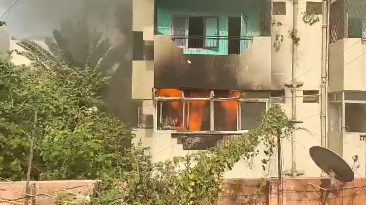 Image of fire erupting in a residential building in Hyderabad on May 30 following an AC compressor blast