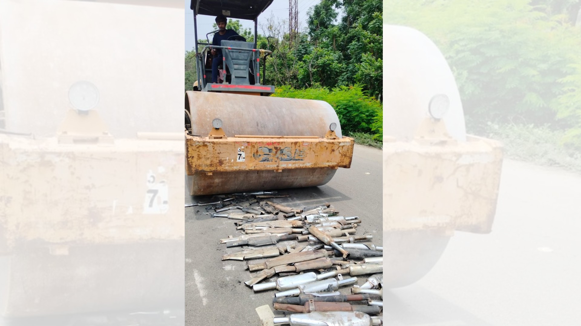 Image of modified bike silencers being publicly destroyed at Uppal Bhagayath on May 30.