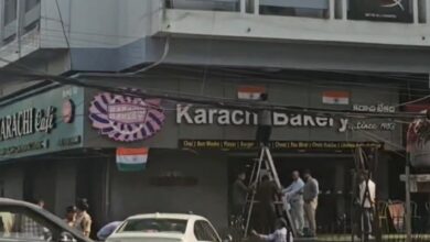 Karachi Bakery in Hyderabad's Begumpet display national flag near their signboard in response to rising tensions between Ind-Pak