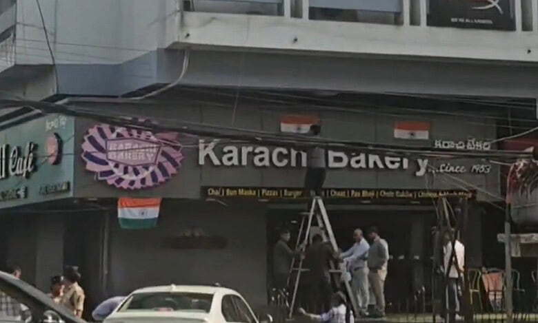 Karachi Bakery in Hyderabad's Begumpet display national flag near their signboard in response to rising tensions between Ind-Pak