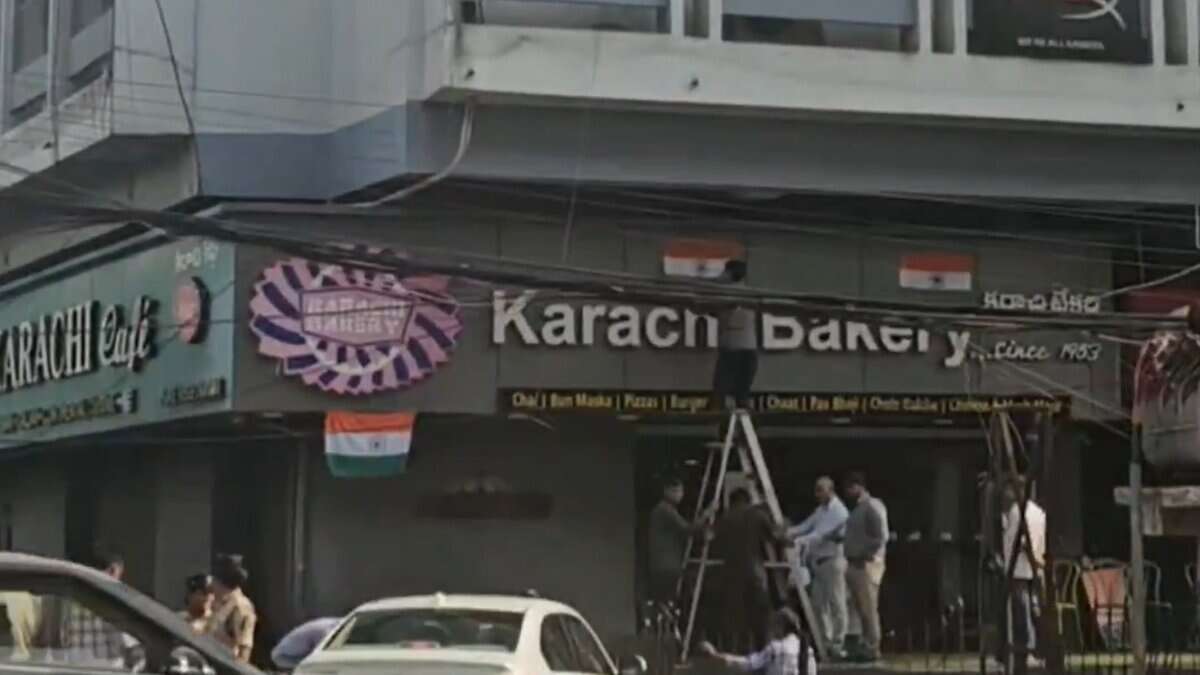 Karachi Bakery in Hyderabad's Begumpet display national flag near their signboard in response to rising tensions between Ind-Pak