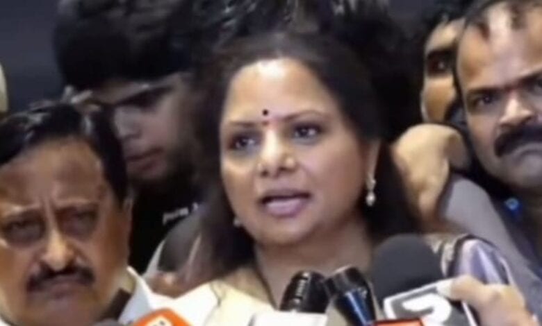 The image shows BRS MLC K Kavitha addressing media at Shamshabad airport after her arrival on Friday. May 23, 2025.