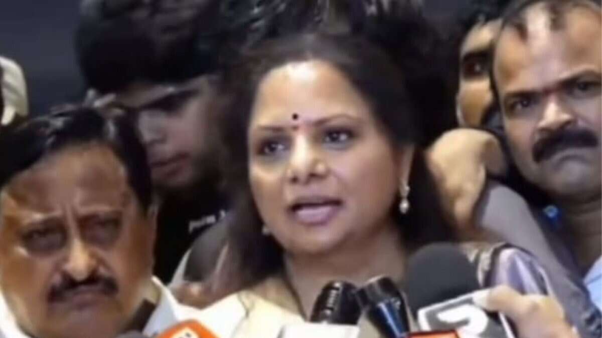 The image shows BRS MLC K Kavitha addressing media at Shamshabad airport after her arrival on Friday. May 23, 2025.