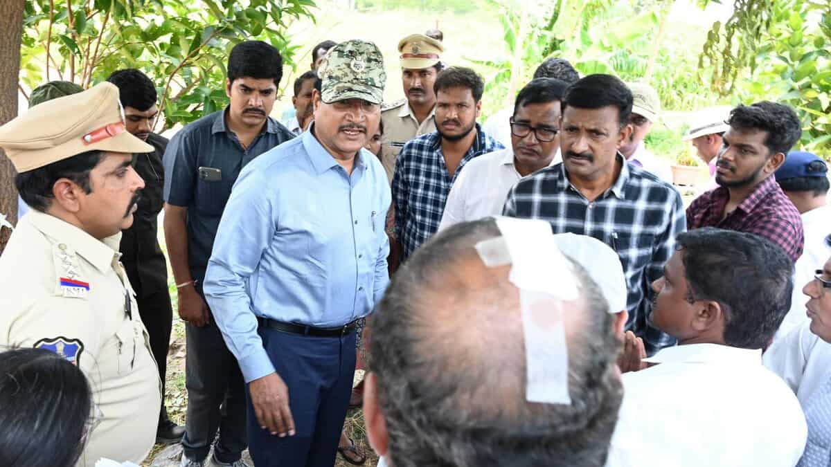 The image shows the victims of land grabbing in Koheda village, speaking with HYDRAA commissioner AV Ranganath on Wednesday, May 14, 2025.