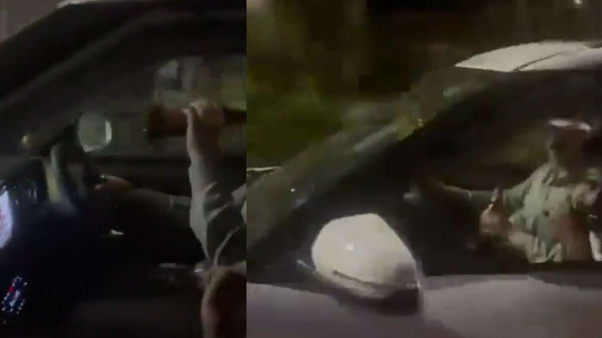 Images showing two men inside a car on the Tolichowki flyover in Hyderabad. In the left image, the driver is holding a bottle while driving.
