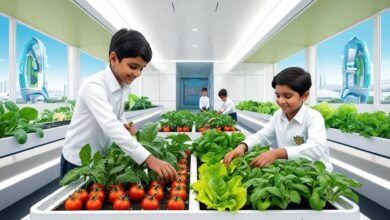 1. Two children tending to a vegetable garden inside a greenhouse, representing a micro school environment.