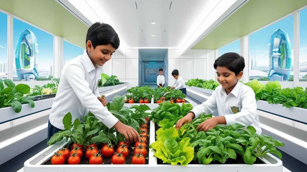 1. Two children tending to a vegetable garden inside a greenhouse, representing a micro school environment.