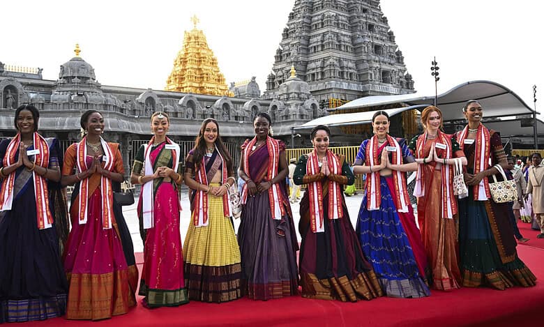 Miss World contestants visit a temple in Telangana