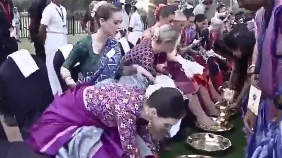 Miss World feet washing at Telangana Temple
