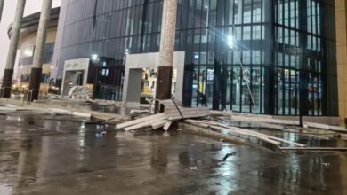The iron sheets on the roof of the main gate at Cherlapally Railway Station collapsed due to strong winds and rain.
