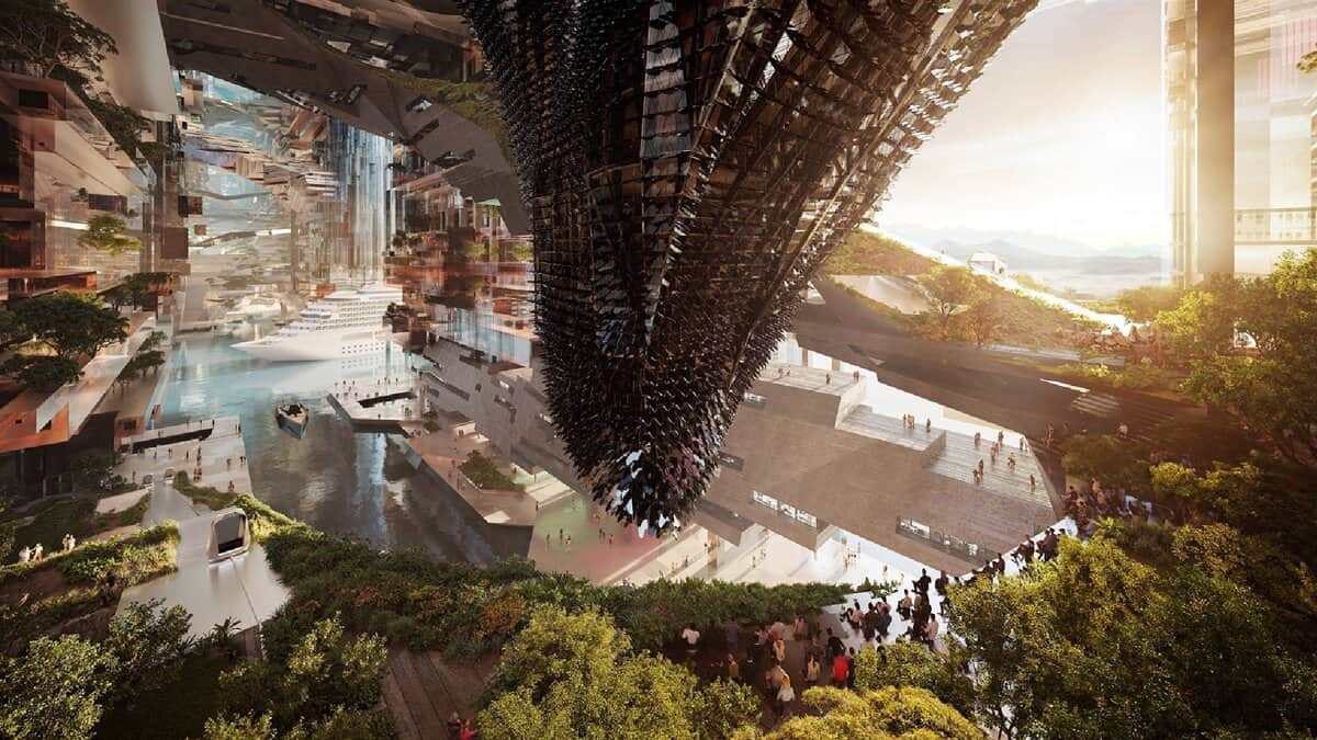 Futuristic architectural rendering of NEOM’s The Line, showing a mirrored linear city with abundant greenery, a central waterway, cruise ships, and a striking, angular black structure in the middle. People are walking along terraces and beside water features.