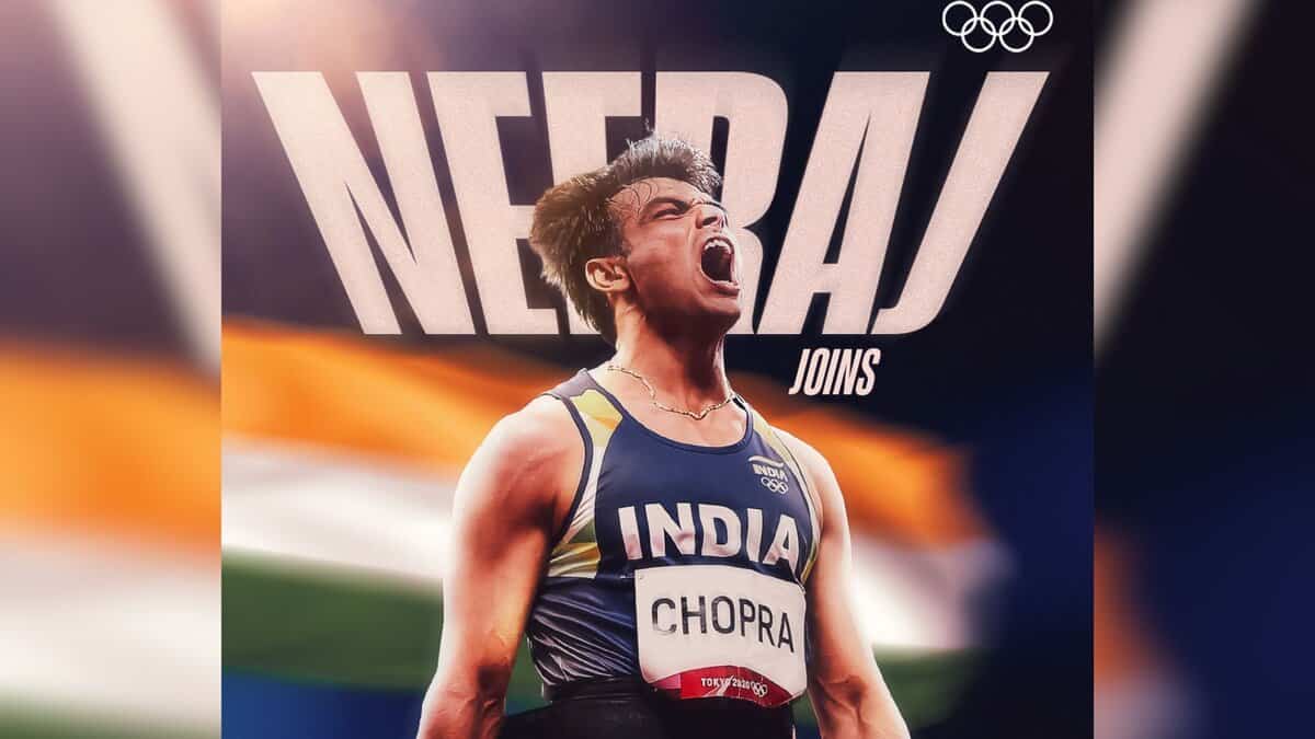Athlete Neeraj Chopra in an Indian uniform, celebrating with the text