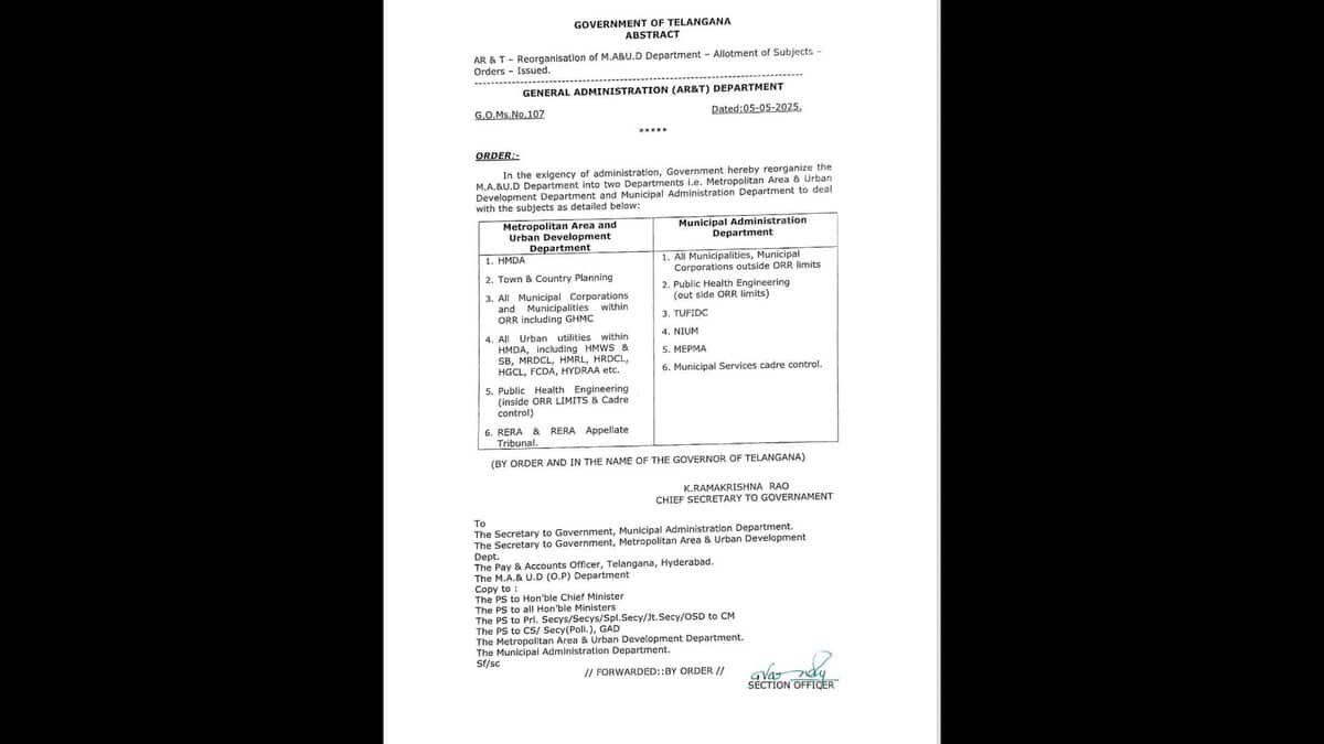 Telangana Government Order 107 explaining the spliting of Municipal Administration and Urban Development (MAUD)
