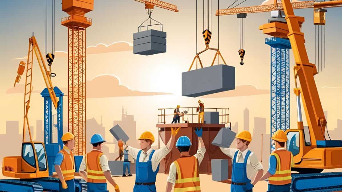 Canva generated ai image showing a construction site with workers in safety gear operating machinery and working on infrastructure projects