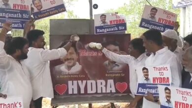 Residents of Firzadiguda pour milk on pictures of Telangana chief minister Revanth Reddy and HYDRAA commissioner AV Ranganath to celebrate HYDRAA’s removal of encroachments from cemetery land.
