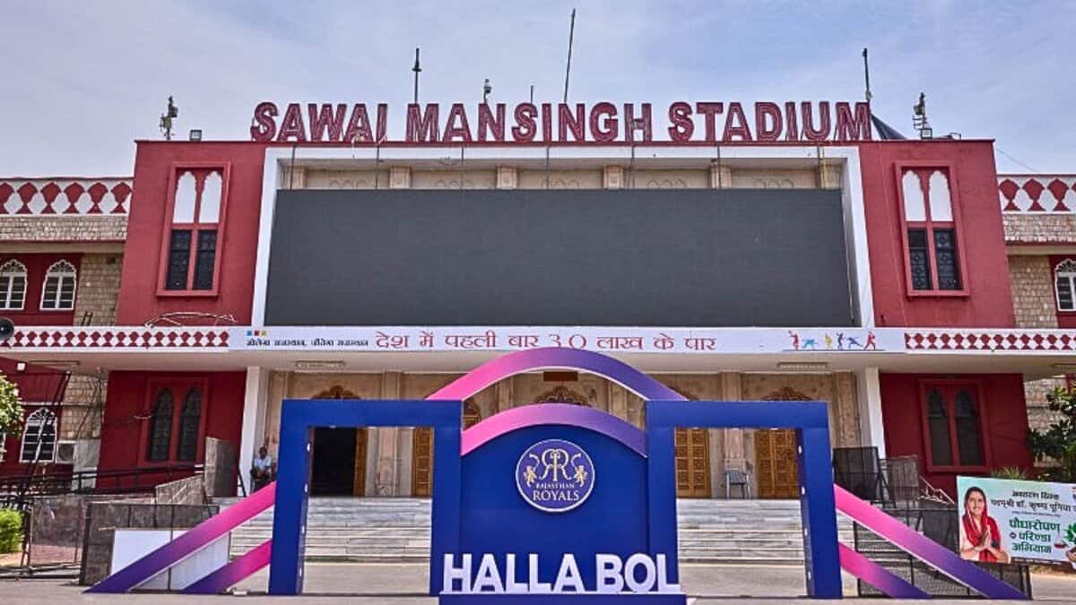 Sawai Man Singh Stadium decked up with a welcome stage for the Rajasthan Royals ahead of an IPL match.