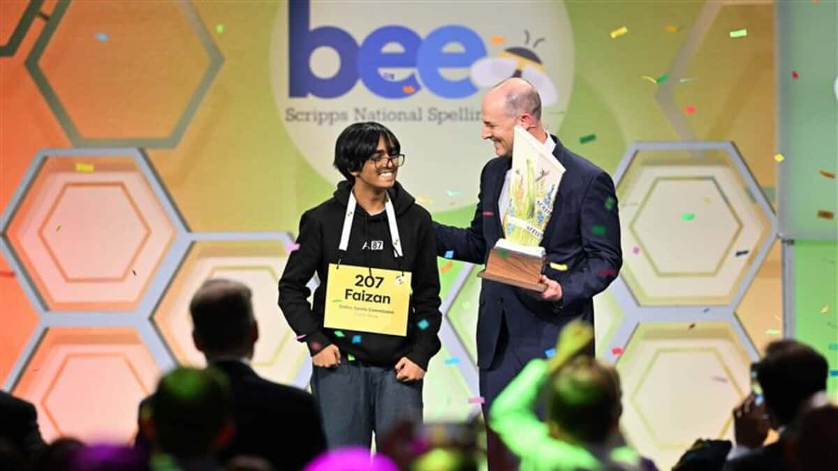 Hyderabad-origin Faizan Zaki (Left) after winning Scripps National Spelling Bee in US.