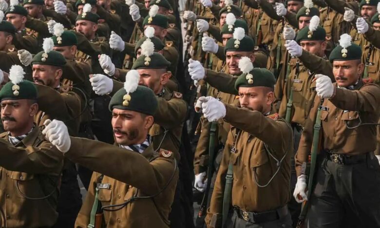Indian Army soldiers march in formation during a parade rehearsal, showcasing discipline and unity—symbolic of the national spirit behind the upcoming solidarity rally in Hyderabad on May 8.
