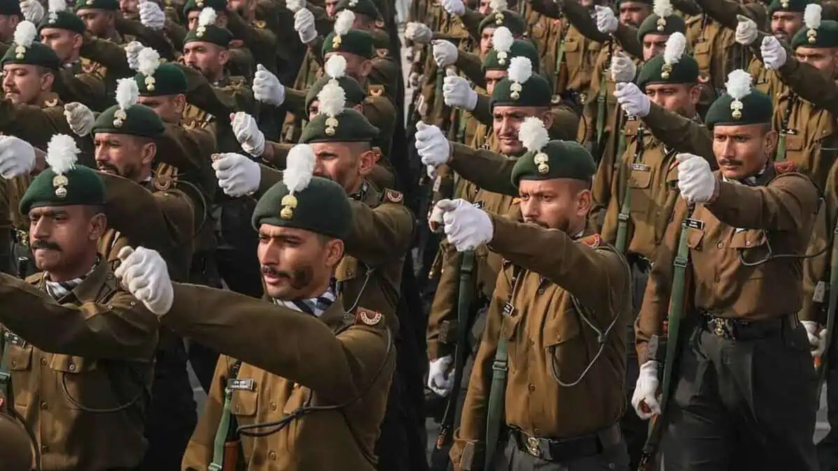 Indian Army soldiers march in formation during a parade rehearsal, showcasing discipline and unity—symbolic of the national spirit behind the upcoming solidarity rally in Hyderabad on May 8.