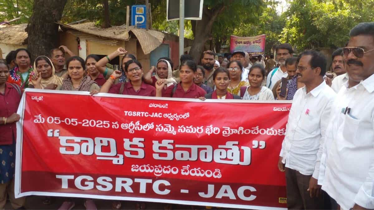 The image shows TGSRTC workers holding a rally from RTC Kala Bhavan to Bus Bhavan on Monday, May 5, 2025.