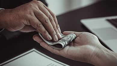 A close-up image of one person handing a rolled bundle of U.S. dollar bills to another person, suggesting a bribe.