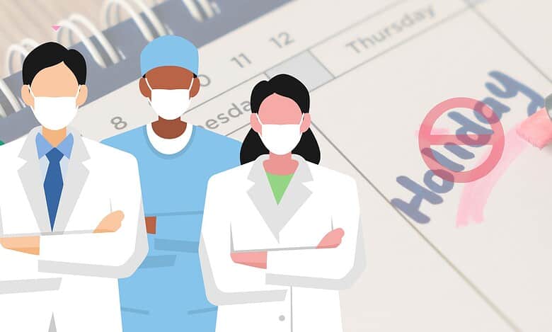 Illustration of three medical staff standing with arms crossed, against a background with a red circle and holiday written