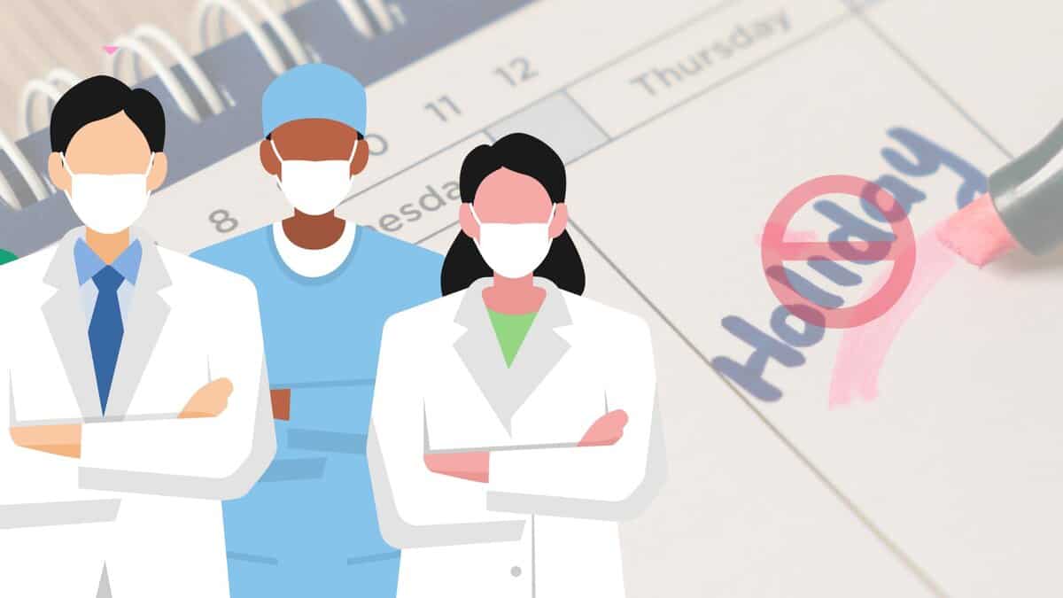 Illustration of three medical staff standing with arms crossed, against a background with a red circle and holiday written