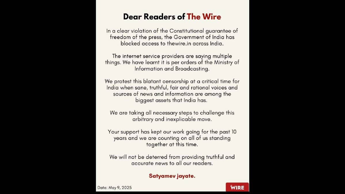 Image: A staatement from The Wire after its portal was blocked by the government of India amid Indo-Pak tensions