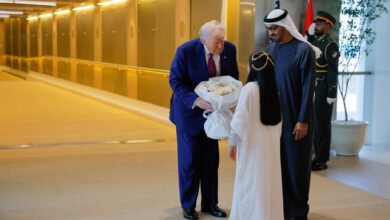UAE President Sheikh Mohamed bin Zayed Al Nahyan right) welcomes his US counterpart Donald Trump upon arrival at the presidential terminal in Abu Dhabi on Thursday, May 15.