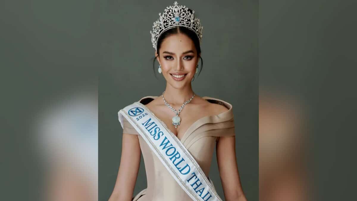 The image displays a picture of Miss Thailand Opal Suchata Chuangsri crowned as Miss World 2025