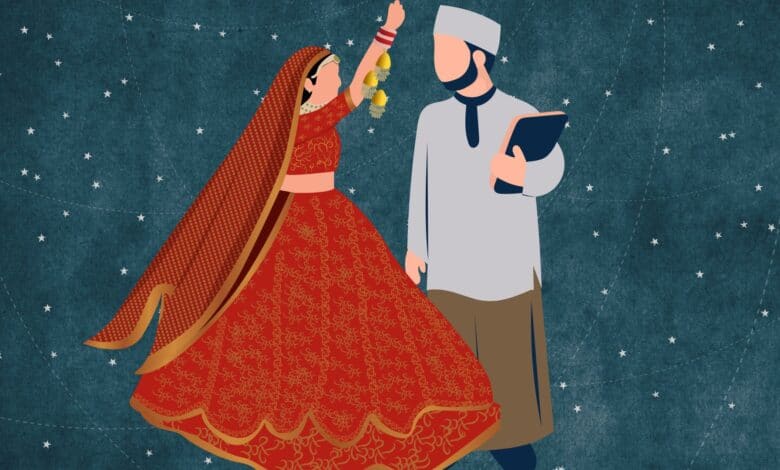 The image shows an interfaith couple- a Hindu woman and a Muslim man