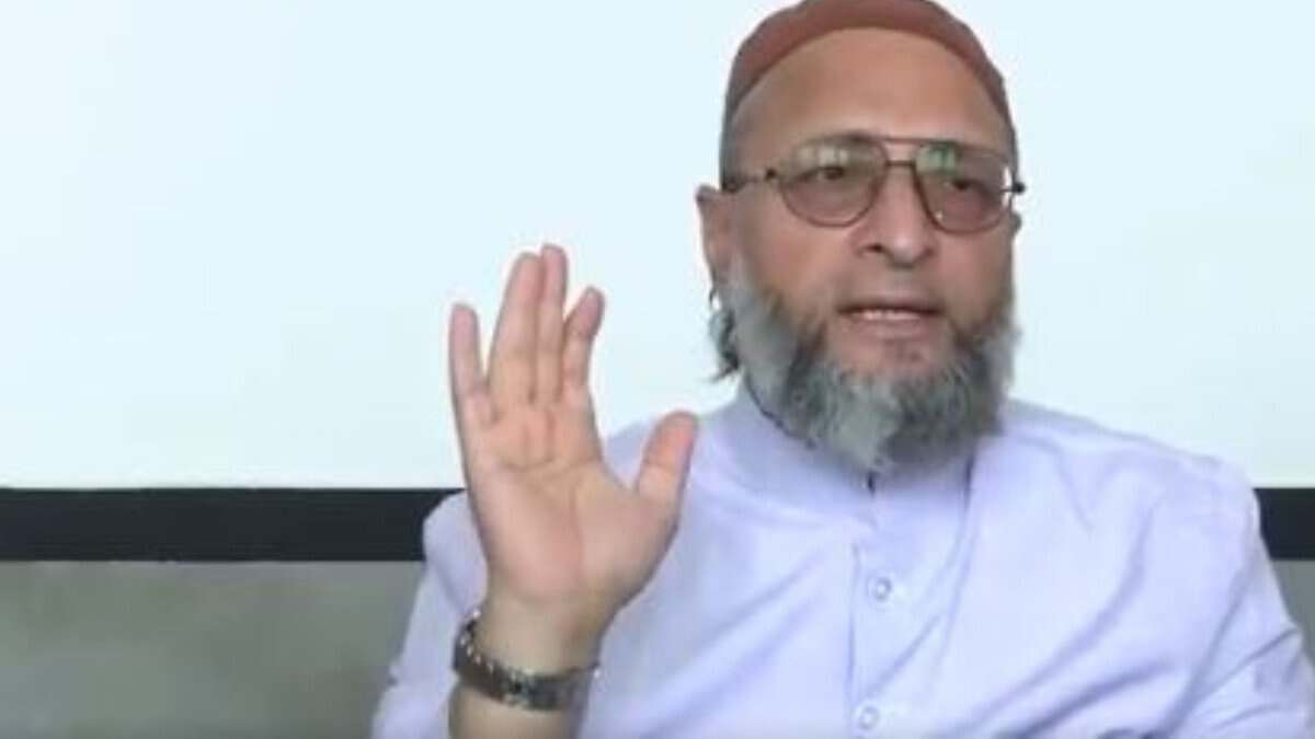 The image displays a picture of AIMIM leader Asaduddin Owaisi addressing a press conference at Darussalam