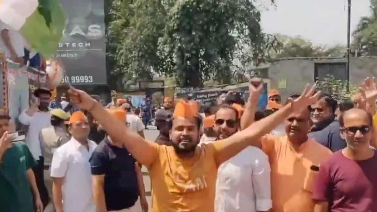 Hindu Yuava Vahini members protest over Pahalgam Attak in Uttar Pradesh's Meerut on April 26, 2025