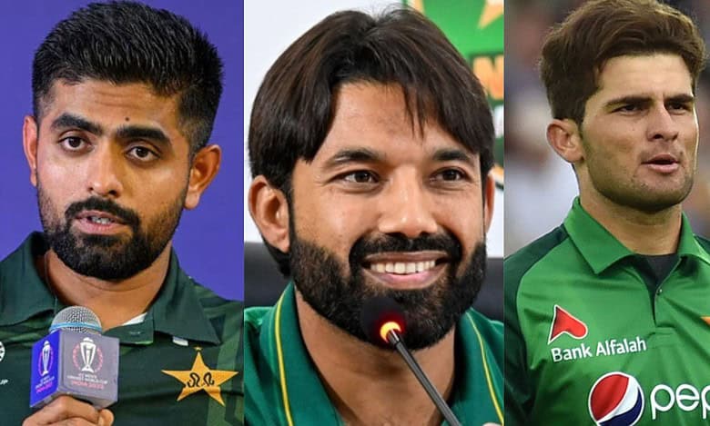 The image displays a picture of Pakistani cricketers Babar Azam, Mohammad Rizwan, and Shaheen Shah Afridi
