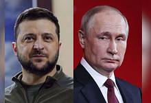 The image displays two pictures. On the left is Ukrainian President Volodymyr Zelenskyy and on the right is Russian President Vladimir Putin