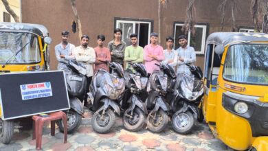 The image displays a picture of five arrested for automobile theft by the Hyderabad police.