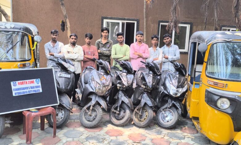 The image displays a picture of five arrested for automobile theft by the Hyderabad police.
