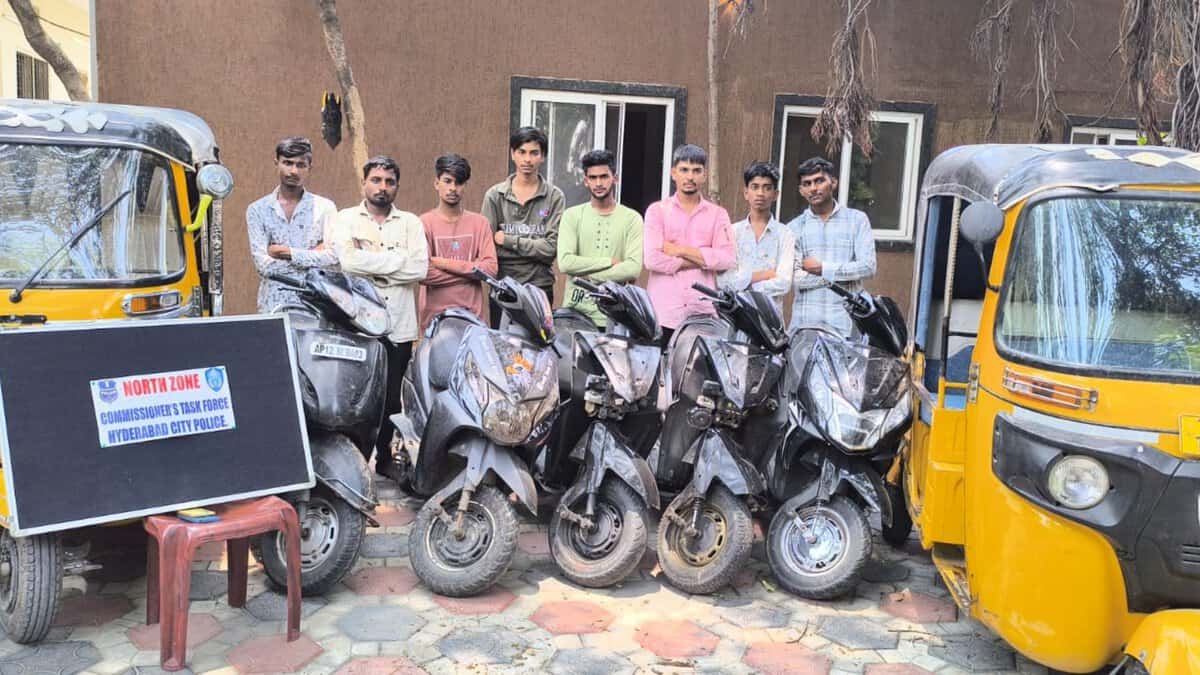 The image displays a picture of five arrested for automobile theft by the Hyderabad police.