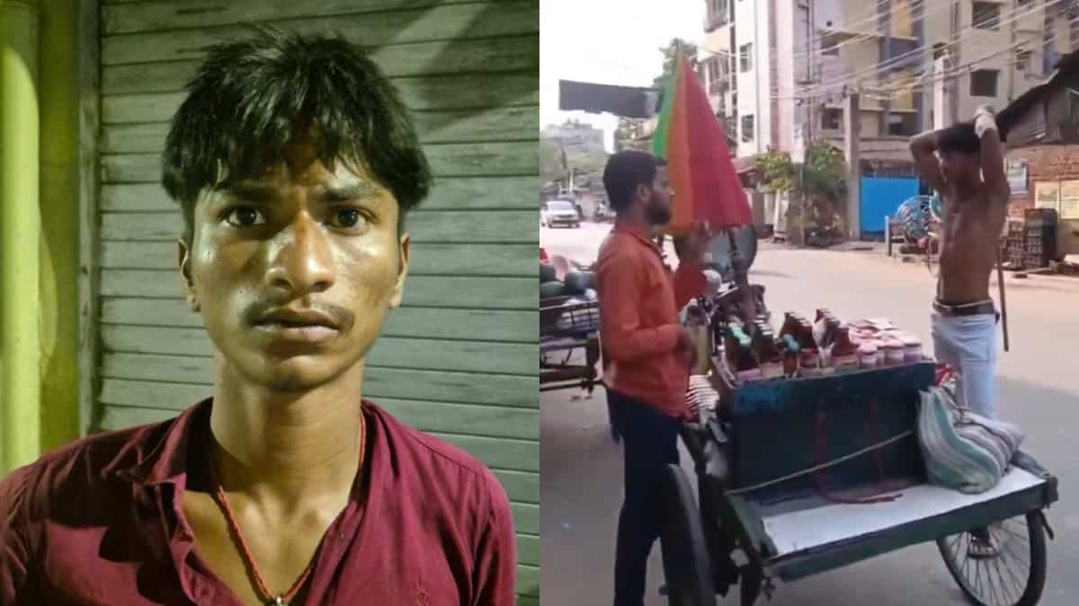 The image displays two pictures- On the left is a photo of a man who attacked two Muslims in West Bengal and on the right is a screengrab of the attack