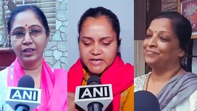 The image displays a picture of three women who lost their husbands in the pahalgam terror attack