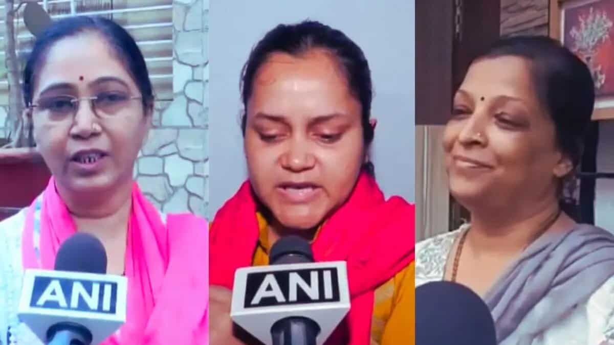 The image displays a picture of three women who lost their husbands in the pahalgam terror attack