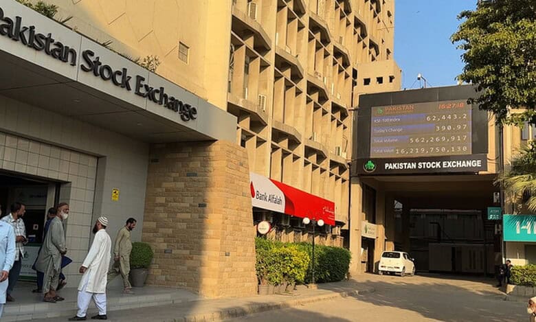 The image displays a picture of Pakistan Stock Exchange building