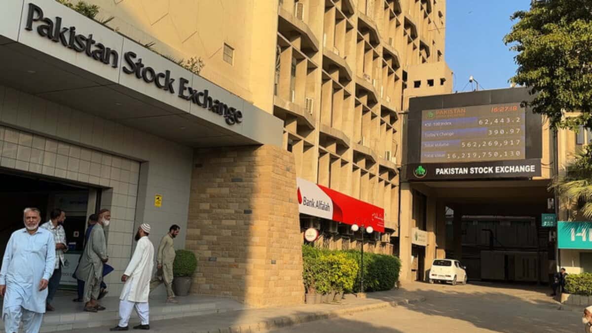 The image displays a picture of Pakistan Stock Exchange building
