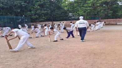 Children practice cricket at the sports coaching camp at Sri Guru Gobind Singh Ji Sports complex in Ameer May 8 2025