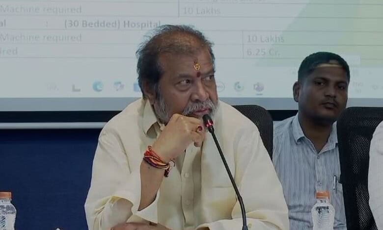 Telangana Health minister C Damodar Raja Narasimha attends a review meeting in Jagtial