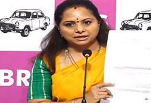BRS MLC K Kavitha display GO no 12 at a press conference at the Telangana Bhavan