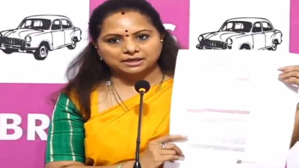 BRS MLC K Kavitha display GO no 12 at a press conference at the Telangana Bhavan