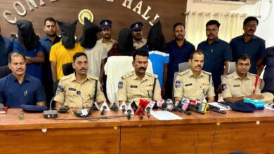 The Petbasheerabad police holds a press conference regarding the businessman's murder in Kompally